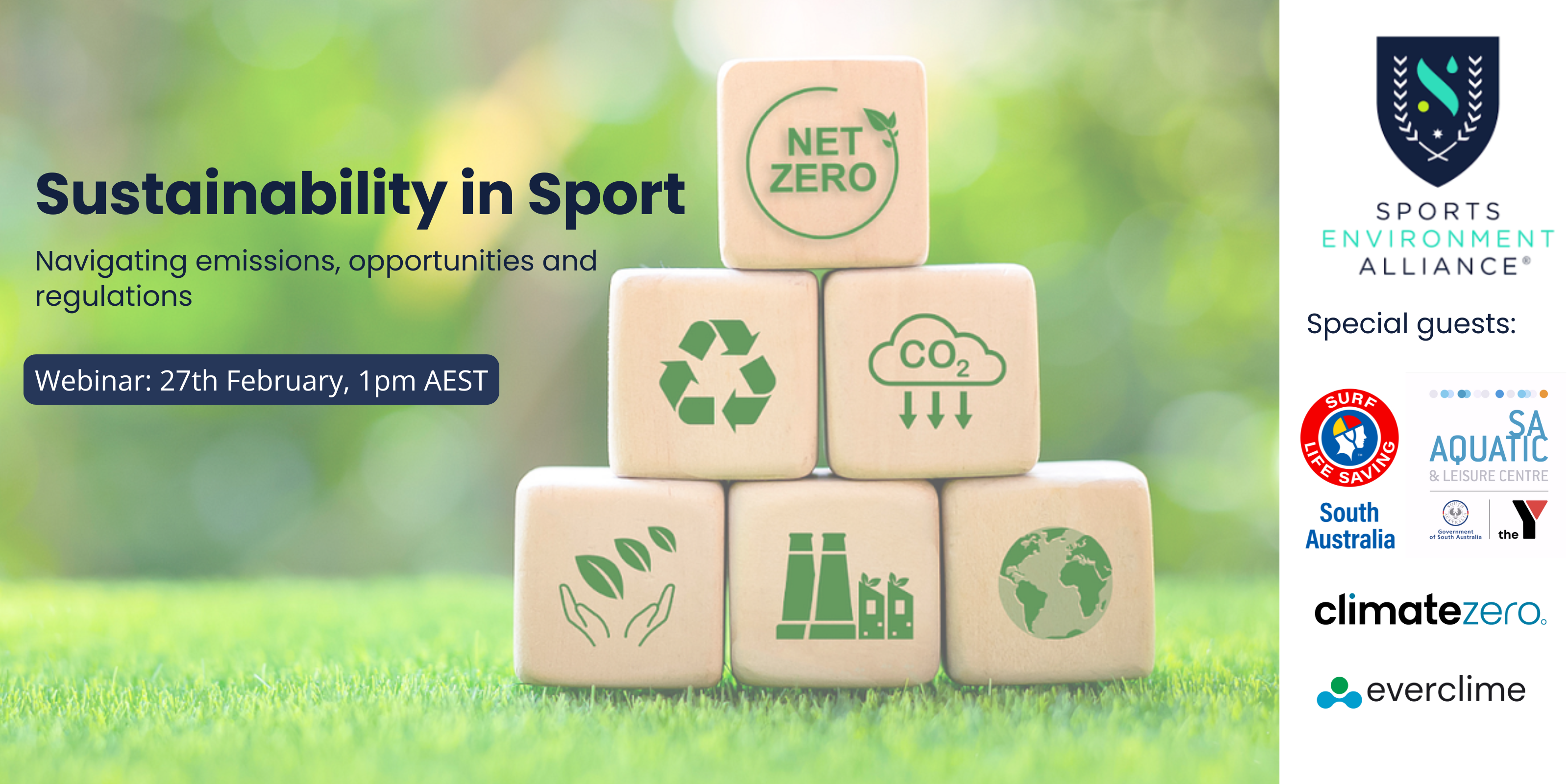 Sustainability in sport. Building blocks with green grass background with logos