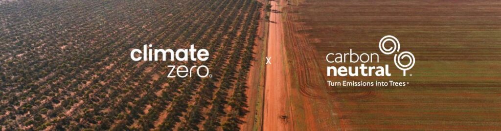 Landscape of Western Australia with Climate Zero and Carbon Neutral logos in white