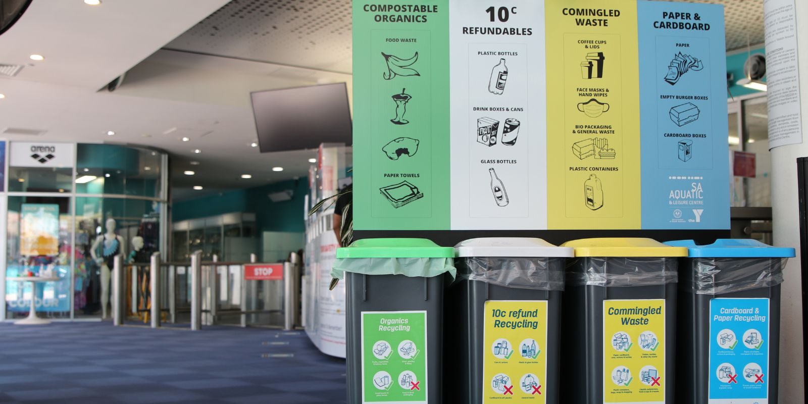 Four waste streams of recycling at YMCA SA Aquatic and Leisure Centre